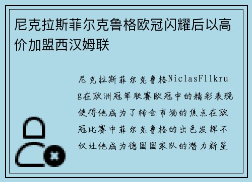 尼克拉斯菲尔克鲁格欧冠闪耀后以高价加盟西汉姆联